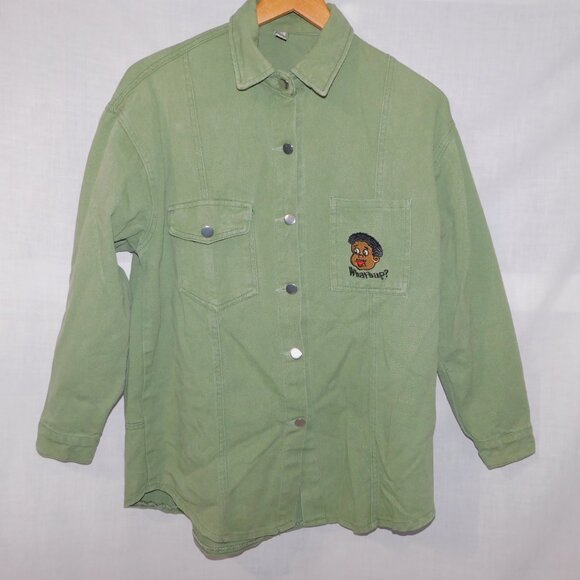 Mens L Green Denim Baby Fat Albert What's Up? Embroidered Long Sleeve Shirt - Picture 2 of 13